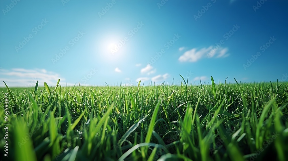 Fototapeta premium Lush Green Meadow Under Bright Sunny Blue Sky with Fluffy Clouds on Cloudless Day