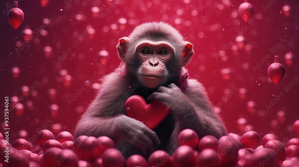 Chimpanzee Holding a Red Heart with a Red Heart Background Chimpanzee Holding a Red Heart with a Red Heart Background