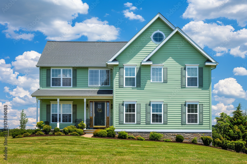 A subtle sage green house with siding, on a spacious lot in a suburban setting, equipped with traditional windows and shutters, under a sunny sky. A subtle sage green house with siding, on a spacious lot in a suburban setting, equipped with traditional windows and shutters, under a sunny sky.