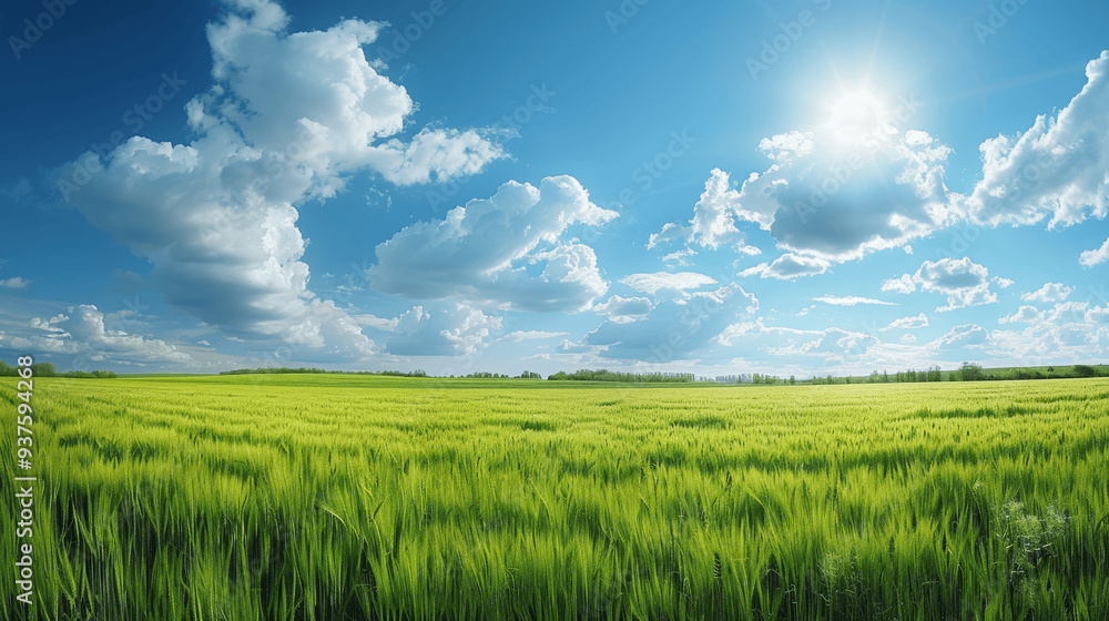 Vast Green Field Under Bright Blue Sky With Fluffy White Clouds And Shining Sun Vast Green Field Under Bright Blue Sky With Fluffy White Clouds And Shining Sun