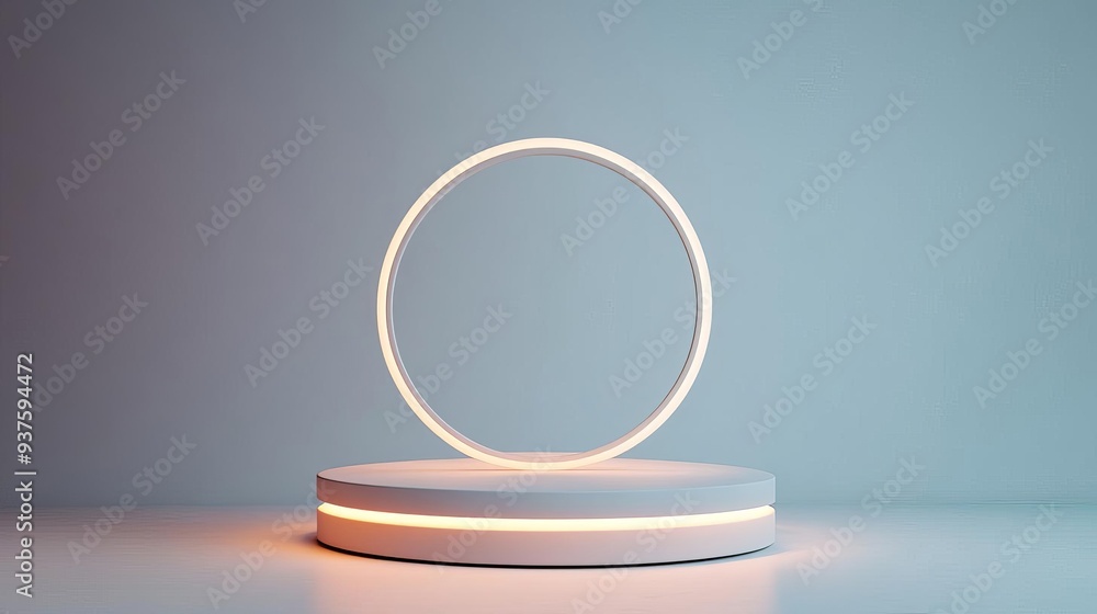 Circular 3D podium with gentle lighting and neutral colors, minimalist design, elegant simplicity Circular 3D podium with gentle lighting and neutral colors, minimalist design, elegant simplicity