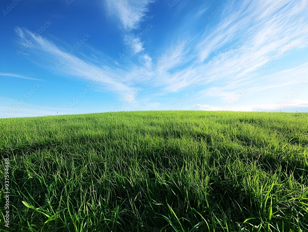 Obraz premium Expansive Green Meadow Under Dramatic Blue Sky with Fluffy Clouds