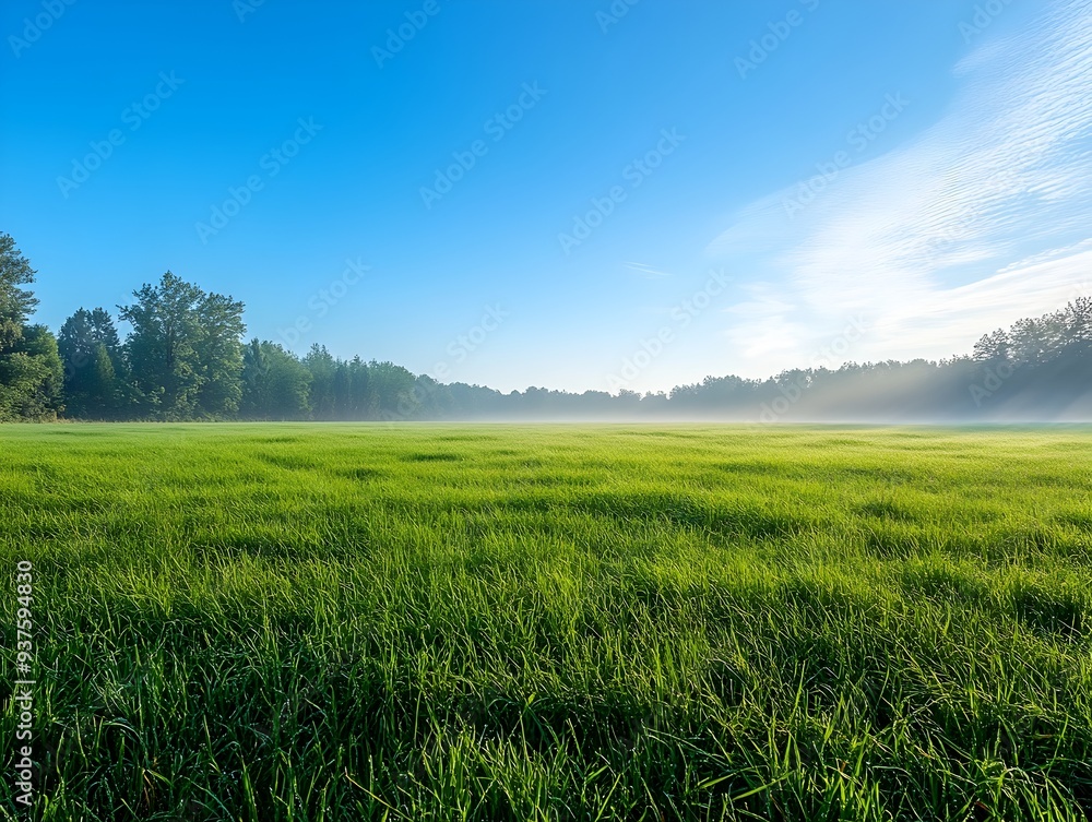 Fototapeta premium Tranquil Meadow at Dawn with Clear Blue Sky and Lush Green Grass
