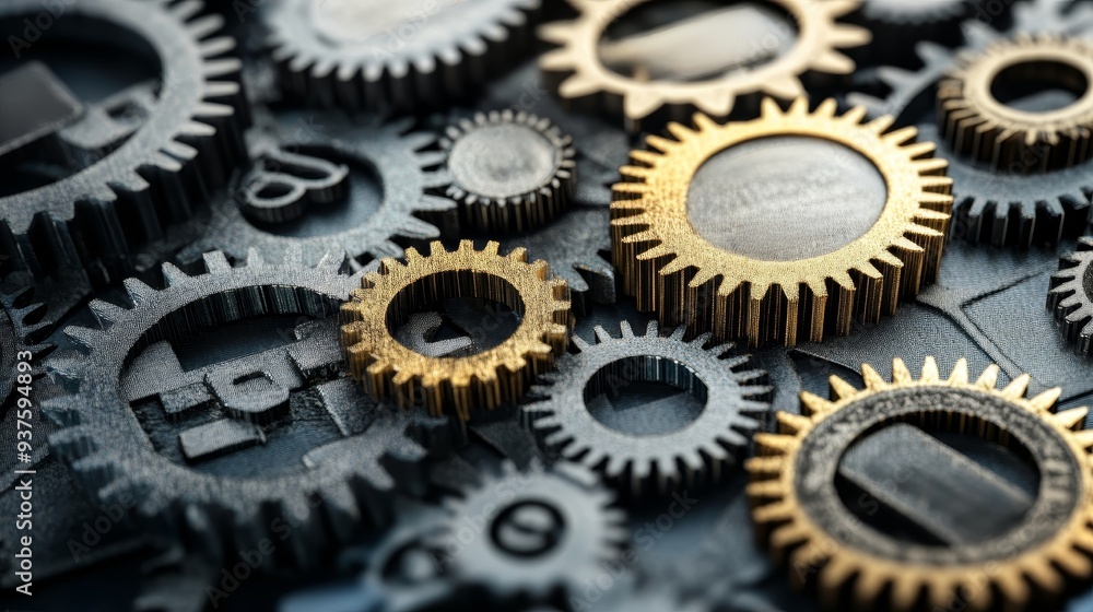 Close-up of various gears in metallic tones showcasing intricate designs and textures in a mechanical arrangement. Close-up of various gears in metallic tones showcasing intricate designs and textures in a mechanical arrangement.