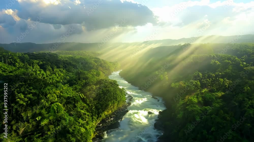 A serene river winds its way through a vibrant green forest, where towering trees create a lush canopy, offering shade and tranquility in nature's embrace. A serene river winds its way through a vibrant green forest, where towering trees create a lush canopy, offering shade and tranquility in nature's embrace.