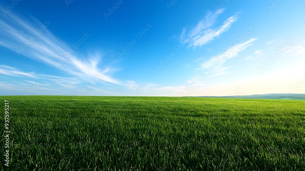 Fototapeta premium Expansive green meadow with clear blue sky and wispy white clouds on a tranquil day
