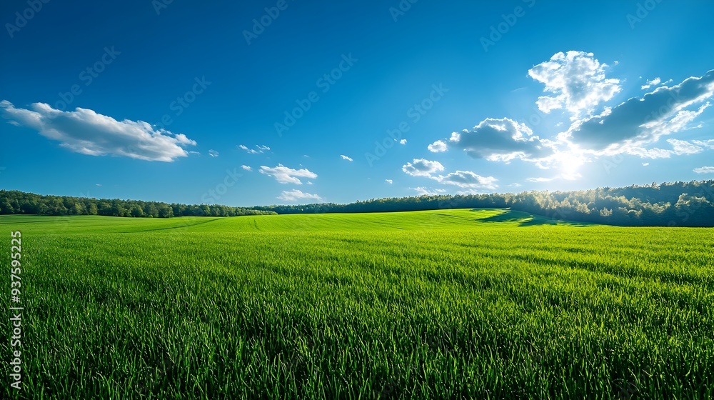 Obraz premium Breathtaking panoramic view of lush green meadow under a clear blue sky with clouds and sunlight