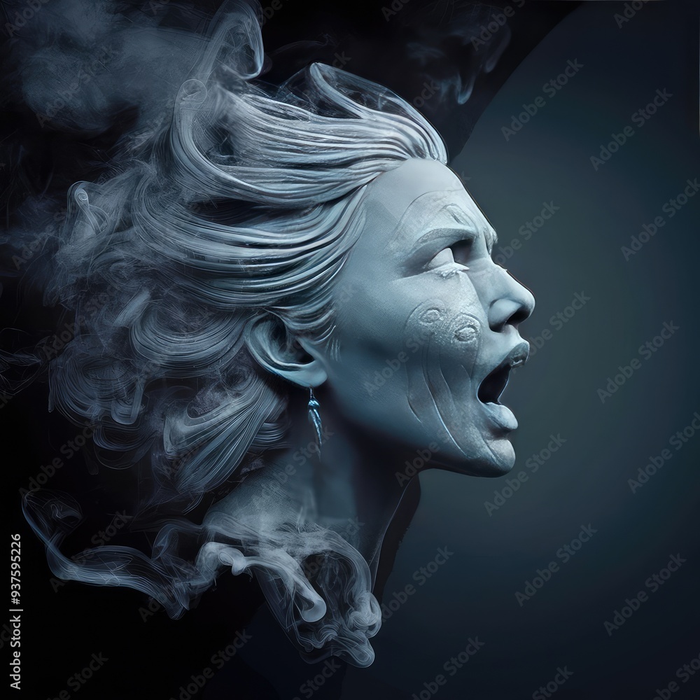 A captivating 3D render of an indigenous woman's profile in swirling smoke, with a haunting expression and dark background A captivating 3D render of an indigenous woman's profile in swirling smoke, with a haunting expression and dark background
