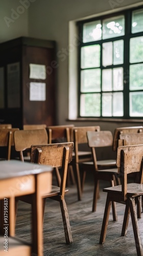 Middle and late 20th century, classroom, education, empty classroom, wooden chair, sense of history, design, school, classroom, cultural carrier, conference, library, wood, nobody, empty, luxury,