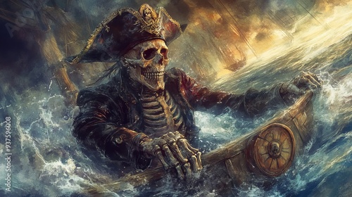 Water color of A haunting pirate skeleton navigates stormy seas, embodying the spirit of adventure and mystery on a ghostly voyage. photo