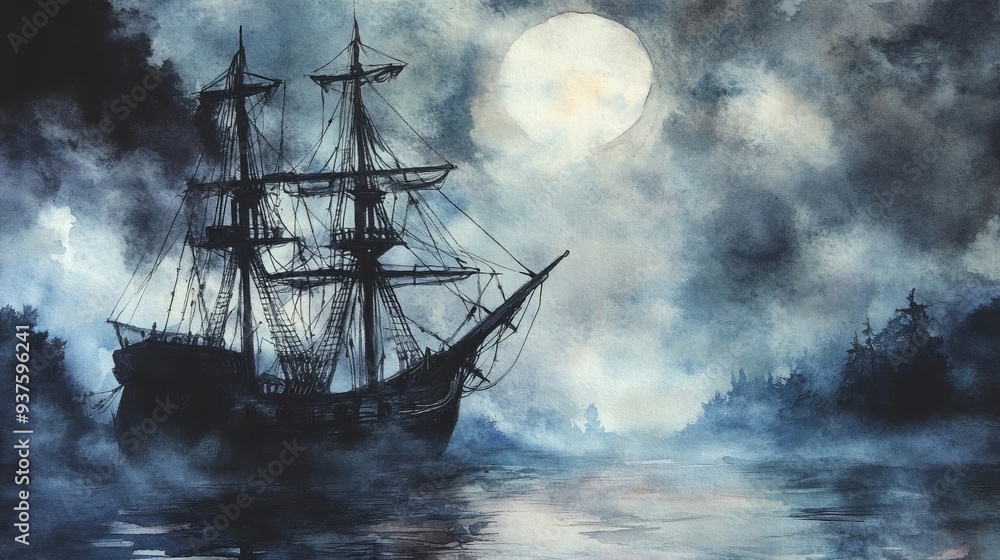 Water color of A majestic sailing ship glides through a foggy moonlit sea, evoking mystery and adventure in a tranquil night scene. Water color of A majestic sailing ship glides through a foggy moonlit sea, evoking mystery and adventure in a tranquil night scene.