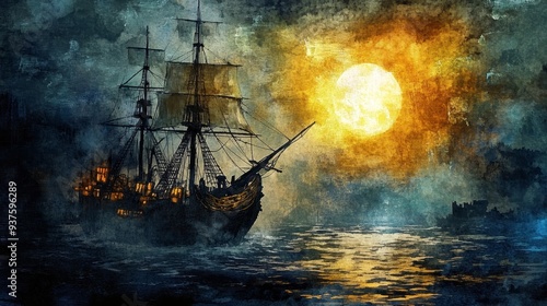 Water color of A majestic sailing ship navigates through stormy seas under a dramatic sunset, evoking adventure and mystery.