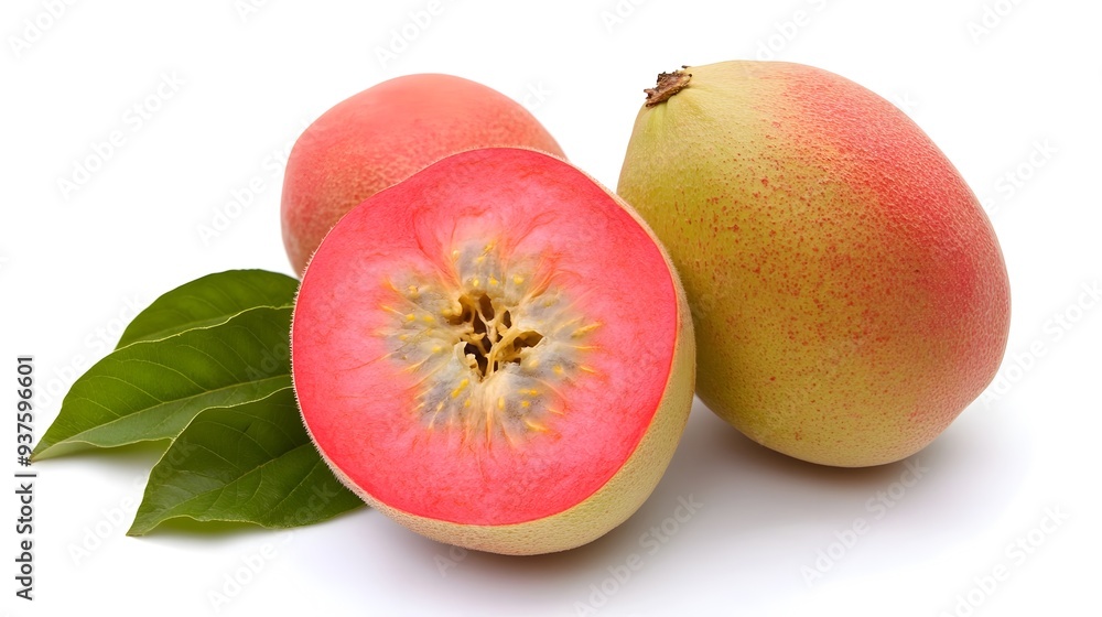 Freshly Sliced Ripe Mango with Green Leaves on White Background