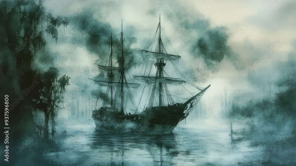 Fototapeta premium Water color of A mystical ship sailing through a foggy landscape, creating an enchanting atmosphere of adventure and mystery.
