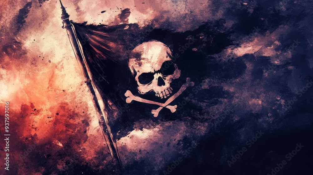 Fototapeta premium Water color of A striking pirate flag featuring a skull and crossbones, set against a dramatic, colorful background, representing adventure and danger.