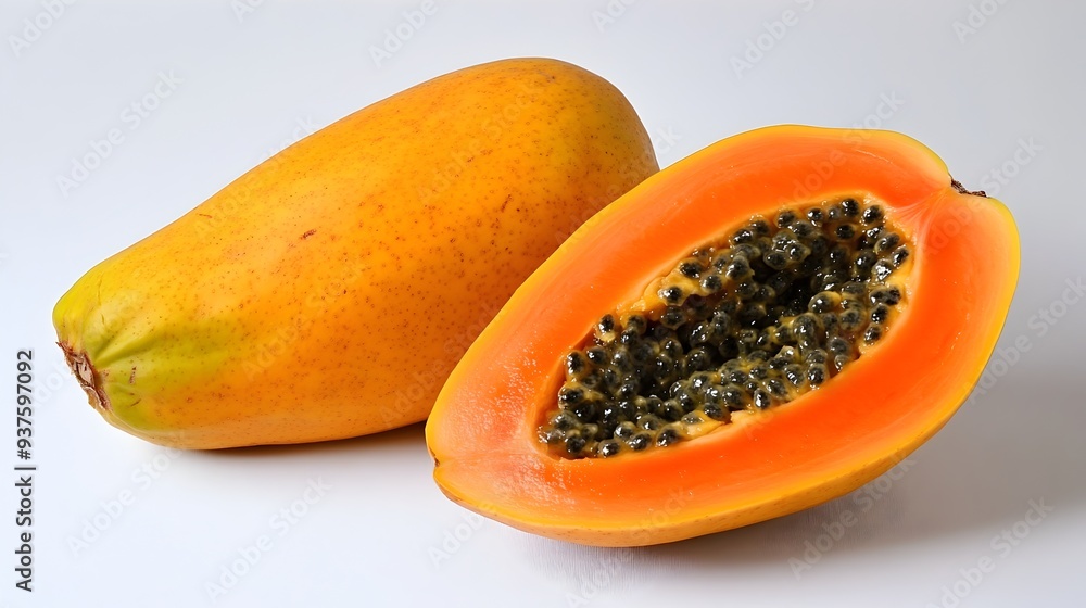 Whole Papaya and Sliced Papaya Halves on White Background Whole Papaya and Sliced Papaya Halves on White Background