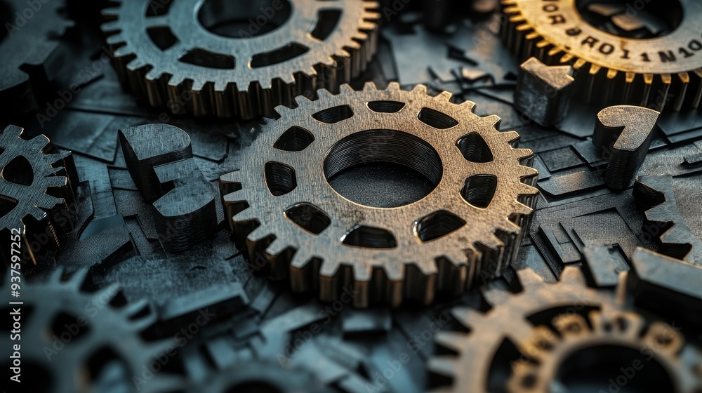 An intricate arrangement of metal gears showcasing various sizes and textures, ideal for industrial and mechanical themes. An intricate arrangement of metal gears showcasing various sizes and textures, ideal for industrial and mechanical themes.