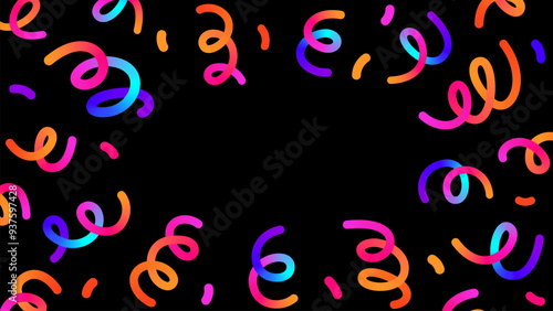 Template, banner with 3d confetti from party poppers, flying to the sides neon ribbon, streamers on black background, fireworks for birthday celebration with empty space for text. Vector EPS10