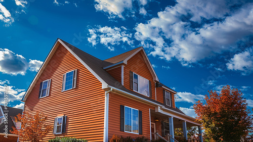 Tableau sur toile A rustic terracotta-colored house with siding and shutters exudes a timeless charm in the suburban setting, blending earthy tones with the vibrant blue sky above on a sunny day