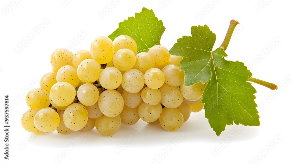 Close up of Ripe Healthy White Grape Cluster on Vine with Green Leaves Close up of Ripe Healthy White Grape Cluster on Vine with Green Leaves