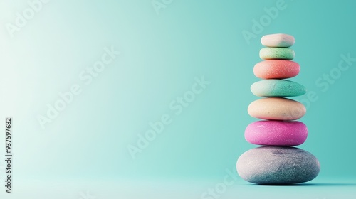 A stack of colorful stones in a soothing pastel palette, symbolizing balance and tranquility against a soft blue background.