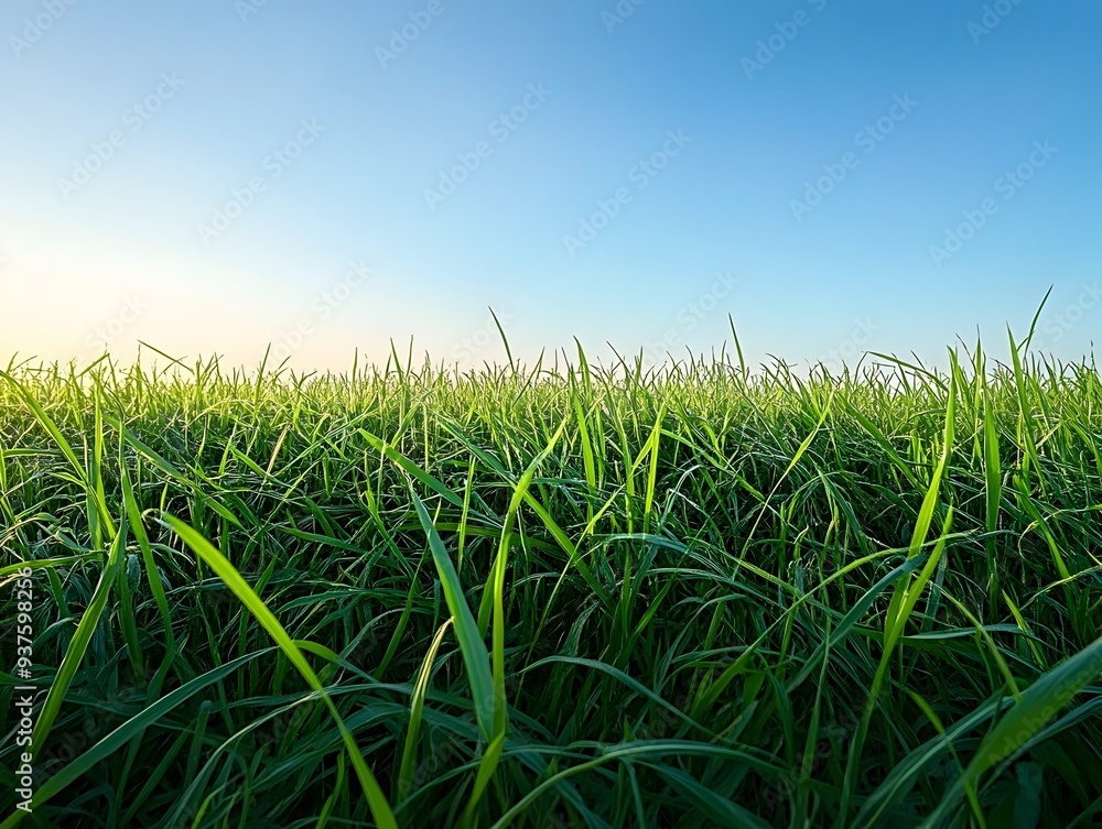 Obraz premium Early Morning Lush Green Meadow Under Vast Blue Skies With Peaceful Tranquility
