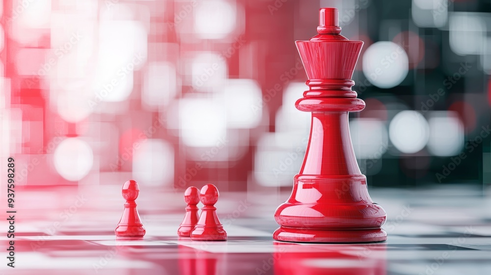 A striking close-up of a red chess king surrounded by pawns on a blurred board, symbolizing strategy and competition. A striking close-up of a red chess king surrounded by pawns on a blurred board, symbolizing strategy and competition.