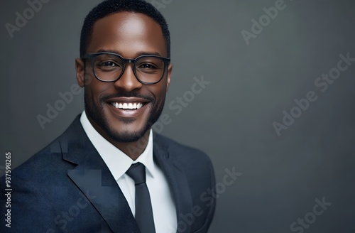 handsome black man with short hair and glasses, smiling in business suit on grey background, headshot