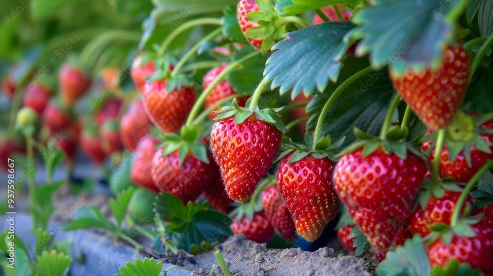 Ripe Red Strawberries On A Vine In A Field. Ripe Red Strawberries On A Vine In A Field.