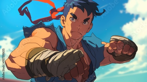 A man in blue clothing with a red headband is preparing to punch, with his right fist closed and his left hand raised in front of him. The background is a bright blue sky with fluffy white clouds. photo