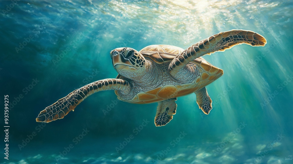 Obraz premium a turtle swimming in the ocean with the sun shining on its face.