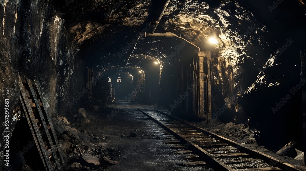 Mysterious Abandoned Underground Railway Tunnel Illuminated by Lights Mysterious Abandoned Underground Railway Tunnel Illuminated by Lights