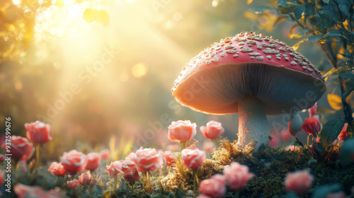 A large, magical mushroom stands prominently in an enchanted fairy-tale garden, surrounded by a vibrant field of blooming pink roses. The background is a blurred, mystical banner with shining, glowing