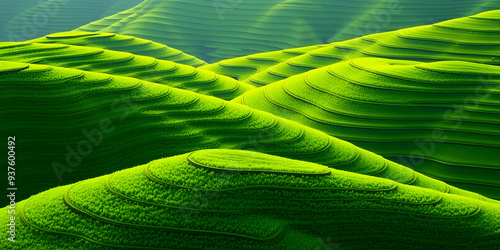 The image portrays a breathtaking landscape of rolling green hills, characterized by intricate terraced formations. The hills are lushly covered in vibrant green vegetation, likely rice paddies, creat photo