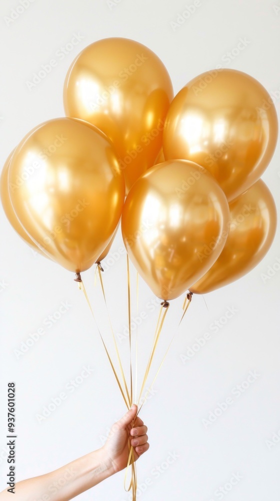 A joyful display of large, shiny metallic gold balloons is held up, reflecting light and adding a festive atmosphere. Perfect for celebrations and special events A joyful display of large, shiny metallic gold balloons is held up, reflecting light and adding a festive atmosphere. Perfect for celebrations and special events