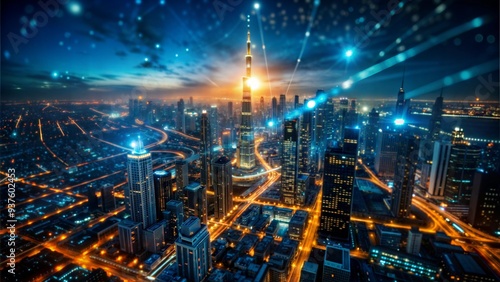 Wallpaper Mural Futuristic Smart City at Night with Digital Network and Illuminated Streets, Global Harmony Concept Torontodigital.ca