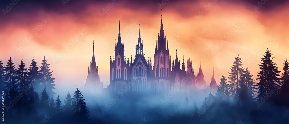 Fototapeta premium Gothic castle surrounded by misty forest at dusk, creating a mysterious and enchanting atmosphere with vibrant sunset colors.