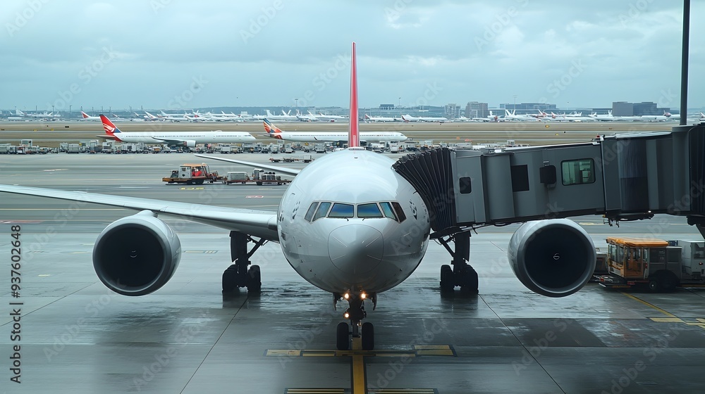 Commercial Airliner Preparing for Takeoff at Busy Airport Terminal Commercial Airliner Preparing for Takeoff at Busy Airport Terminal