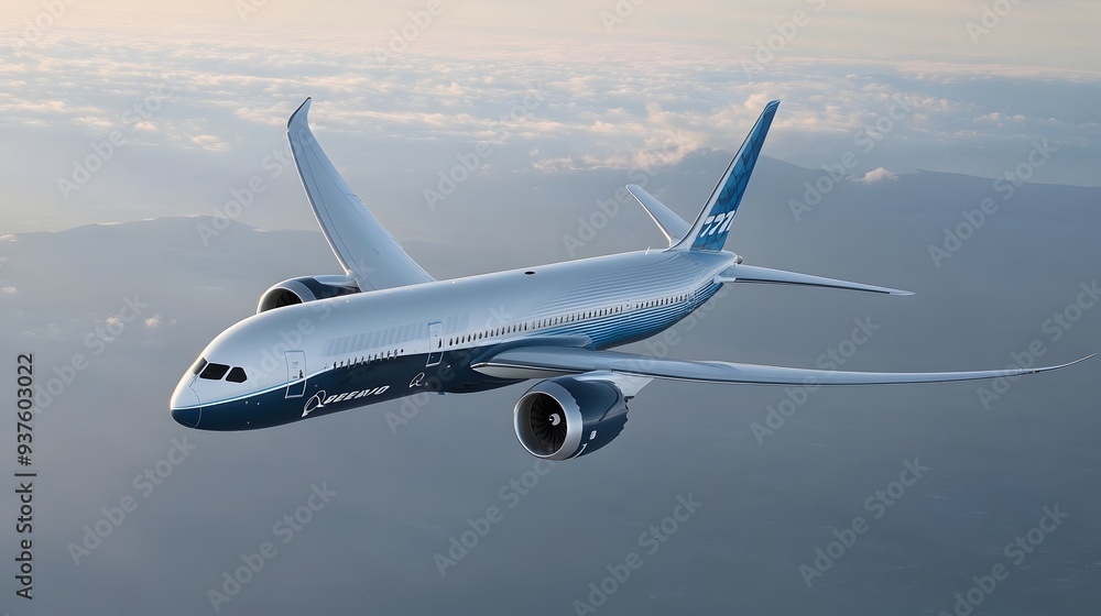 Obraz premium Majestic Commercial Jet Aircraft Soaring Through Cloudscape at High Altitude