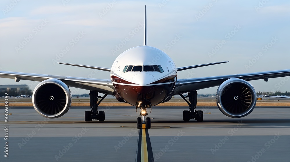Naklejka premium Commercial Passenger Jet Airplane on Airport Runway Ready for Takeoff