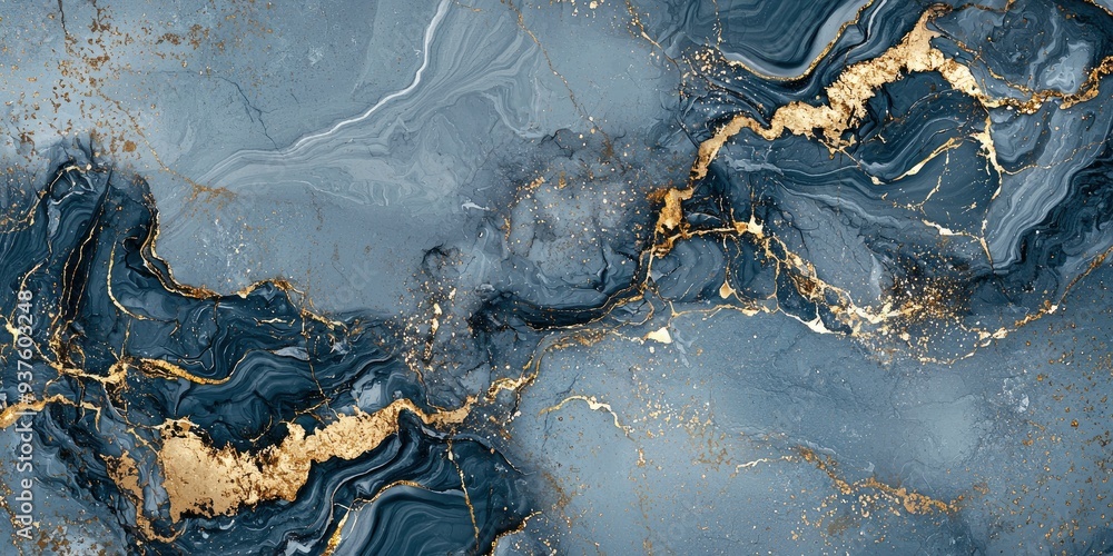 Fototapeta premium Marble texture, surrounded by gold strokes, gray-blue background