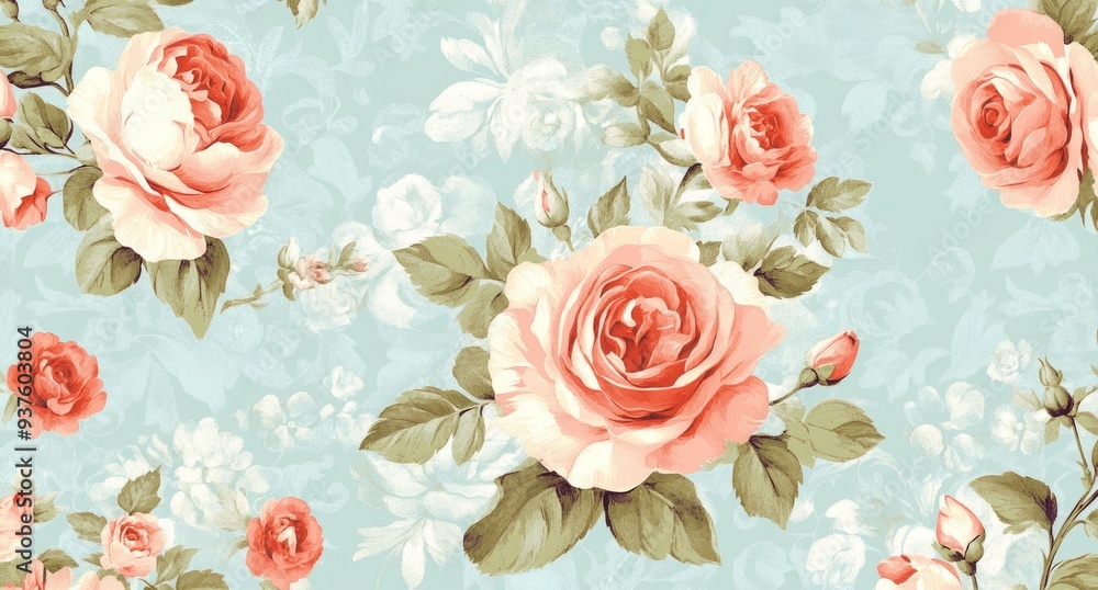 Shabby chic pastel rose floral pattern on a light blue background. Shabby chic pastel rose floral pattern on a light blue background.