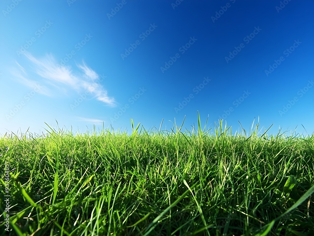 Obraz premium Early Morning Blue Sky and Vibrant Green Grass Landscape Scenic Outdoor Backdrop