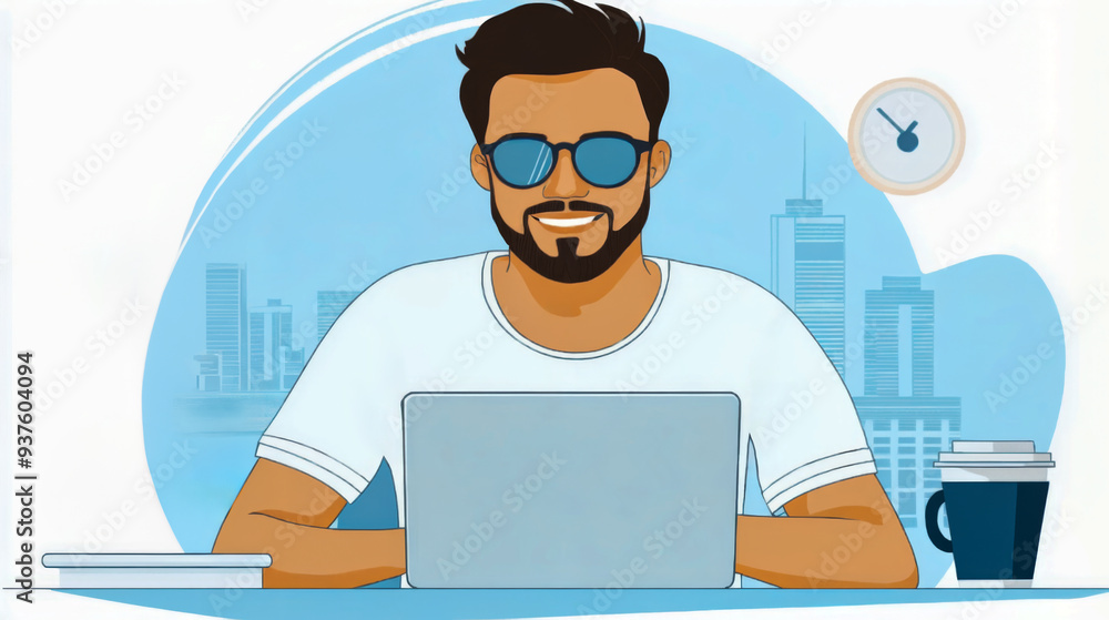Illustration of a young man working on a laptop in a modern cityscape with coffee and a clock showing morning hours Illustration of a young man working on a laptop in a modern cityscape with coffee and a clock showing morning hours