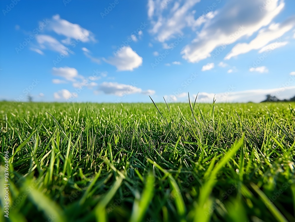 Tranquil Early Morning Landscape with Lush Green Grass and Majestic Blue Sky Tranquil Early Morning Landscape with Lush Green Grass and Majestic Blue Sky