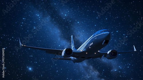 Jet aircraft soaring through the starry night sky exploring the cosmos