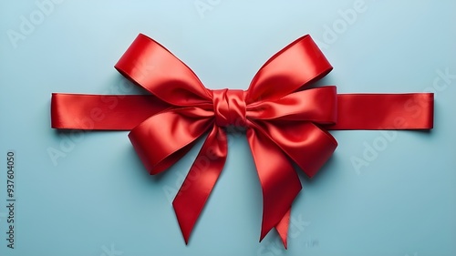 Red ribbon wrapped and red bow isolated in the top view on a colored background