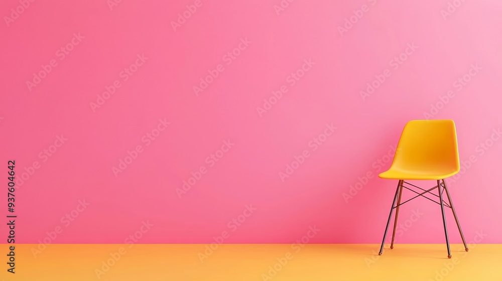 A vibrant yellow chair against a bright pink wall, creating a cheerful and modern aesthetic for interior design. A vibrant yellow chair against a bright pink wall, creating a cheerful and modern aesthetic for interior design.