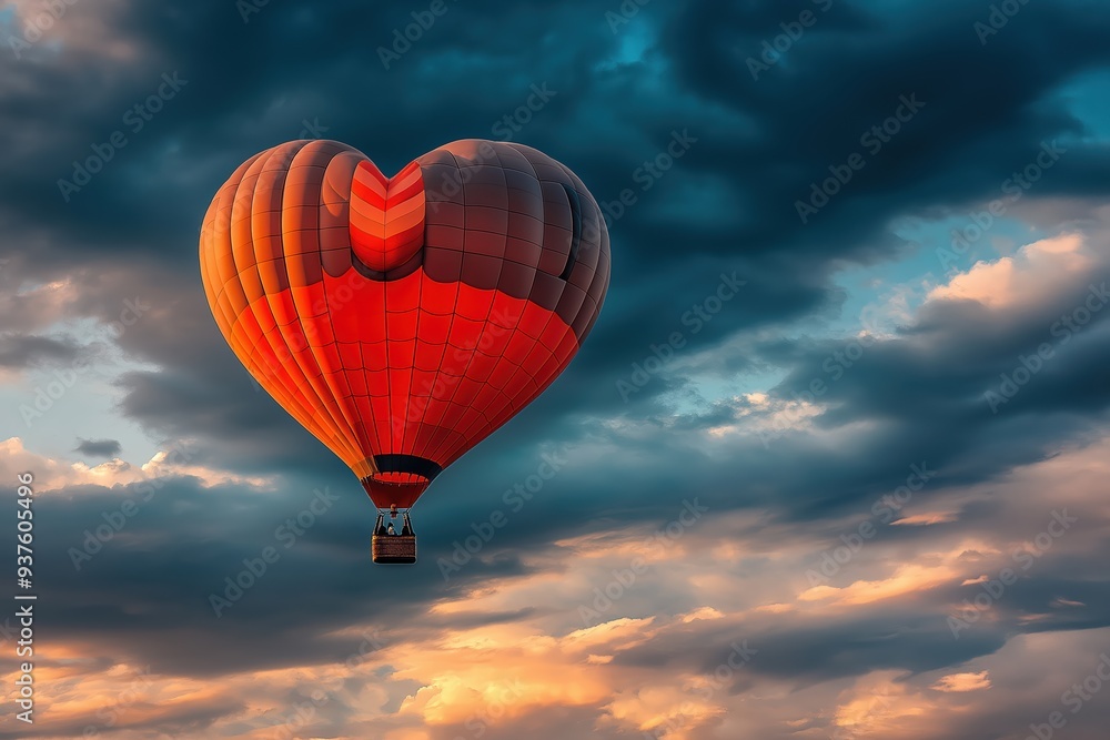 Fototapeta premium Red heart shaped hot air balloon flying in cloudy sunset sky