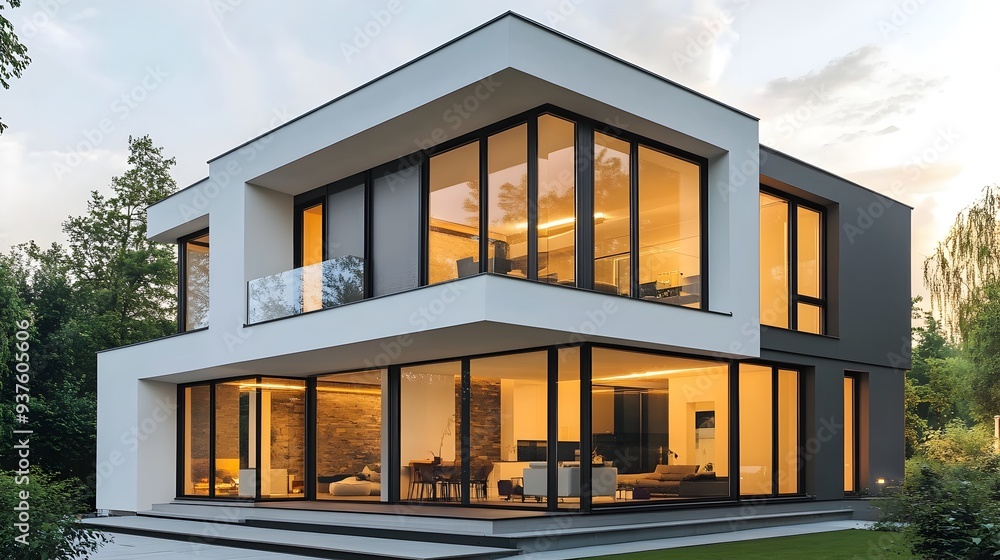 Sleek and Sophisticated Modern Home Nestled in Lush Greenery at Sunset Sleek and Sophisticated Modern Home Nestled in Lush Greenery at Sunset